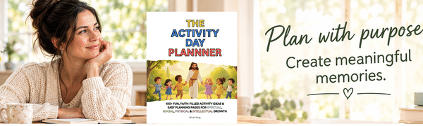 A smiling woman sits at a table with a mug, looking at “The Activity Day Planner” book for activity day ideas LDS. Next to her, text reads: “Plan with purpose. Create meaningful memories.”.