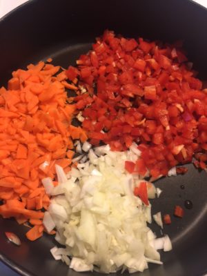 Diced peppers, carrots, and onions.