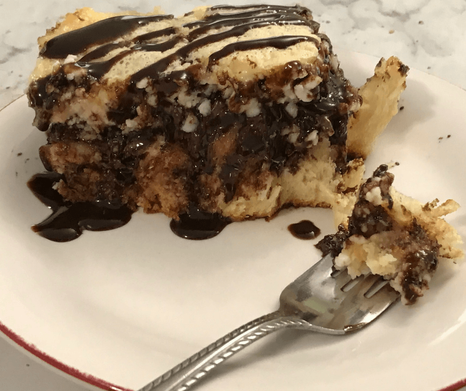 chocolate chip cream cheese crossant bake on white plate