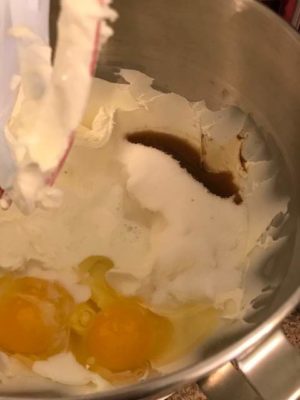 eggs milk and vanilla in electric mixereggs milk and vanilla in electric mixer