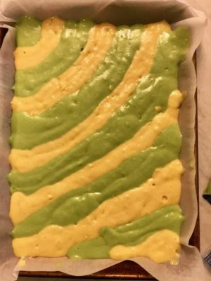 green and vanilla cake mix batter