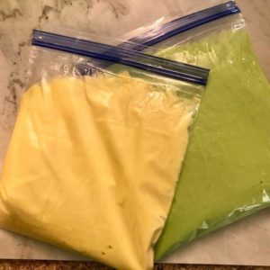 yellow and green batter in separate bags