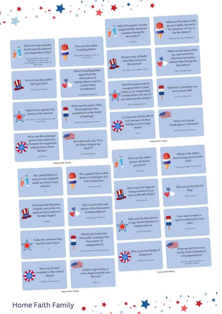 4th of July trivia printable fun game for free.