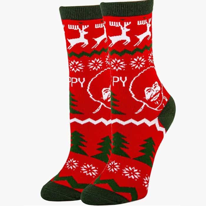 Red pair of Bob Ross Christmas tree socks.