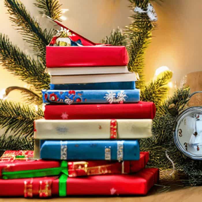 A stack of children's Christmas books with red, green, and blue wrapping paper.