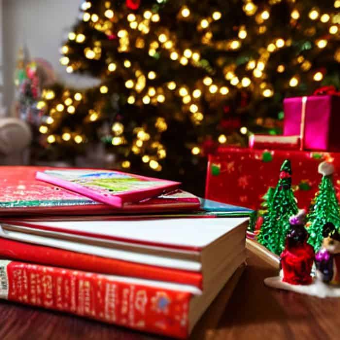 A stack of children's Christmas books next to holiday decorations and a sparkling Christmas tree.