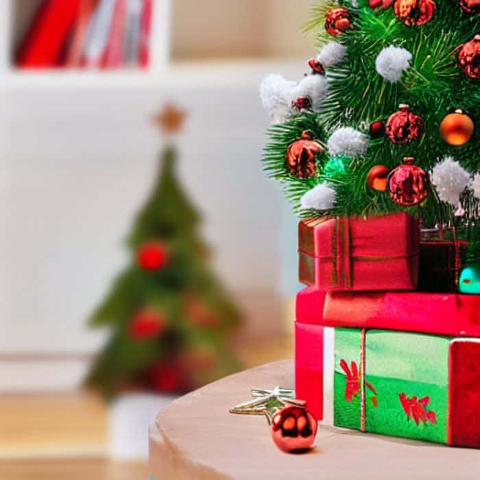 A stack of presents and Christmas books on a table next to a small decorative Christmas tree.