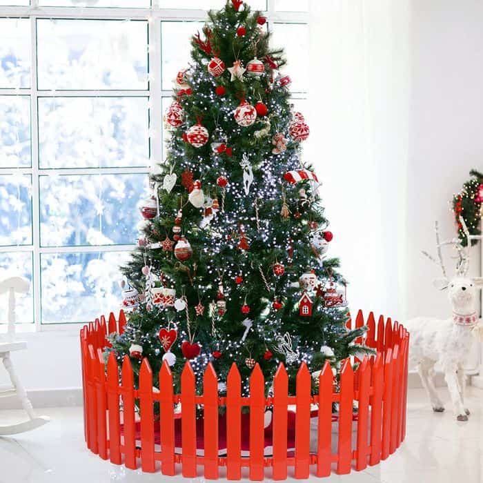 FEPITO 32 Pcs Red Plastic Picket Fence Christmas Tree 