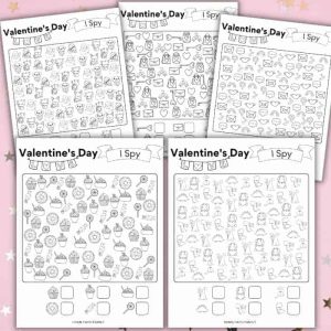 Layout of Free I Spy Valentines Printables on a tabletop.