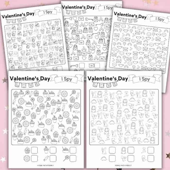 Layout of Free I Spy Valentines Printables on a tabletop.