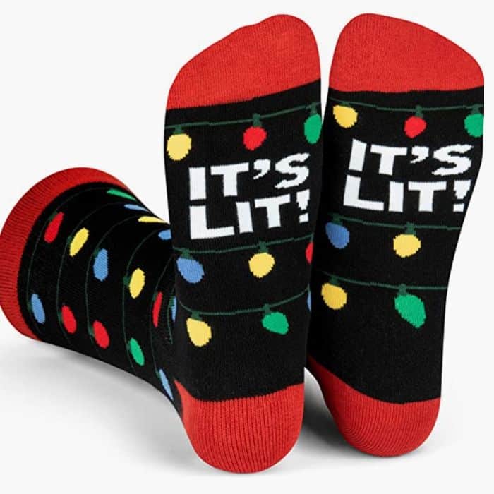 Its Lit Christmas socks with Christmas lights.