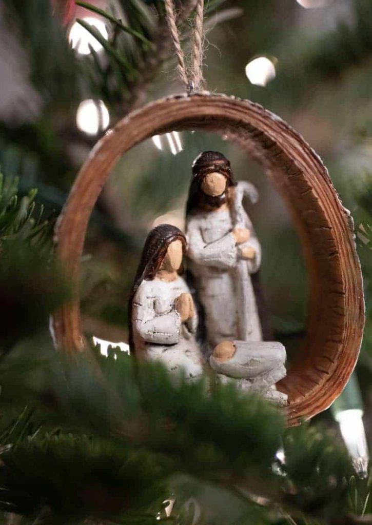 Christmas ornament of Mary, Joseph, and baby Jesus.