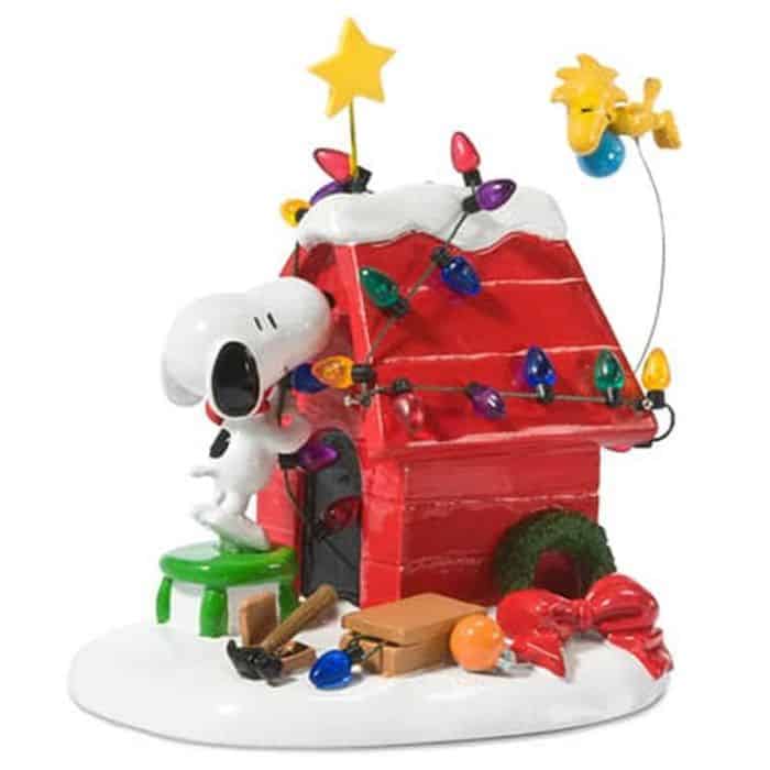 Snoopy decorating his dog house with Christmas decorations.