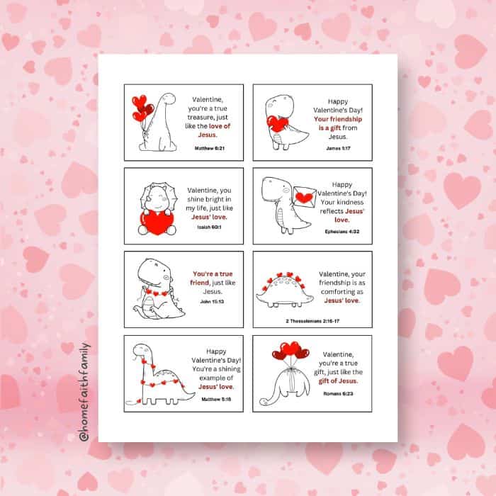 Valentine's Day Bible Verses Printable free pdf with dinosaurs.