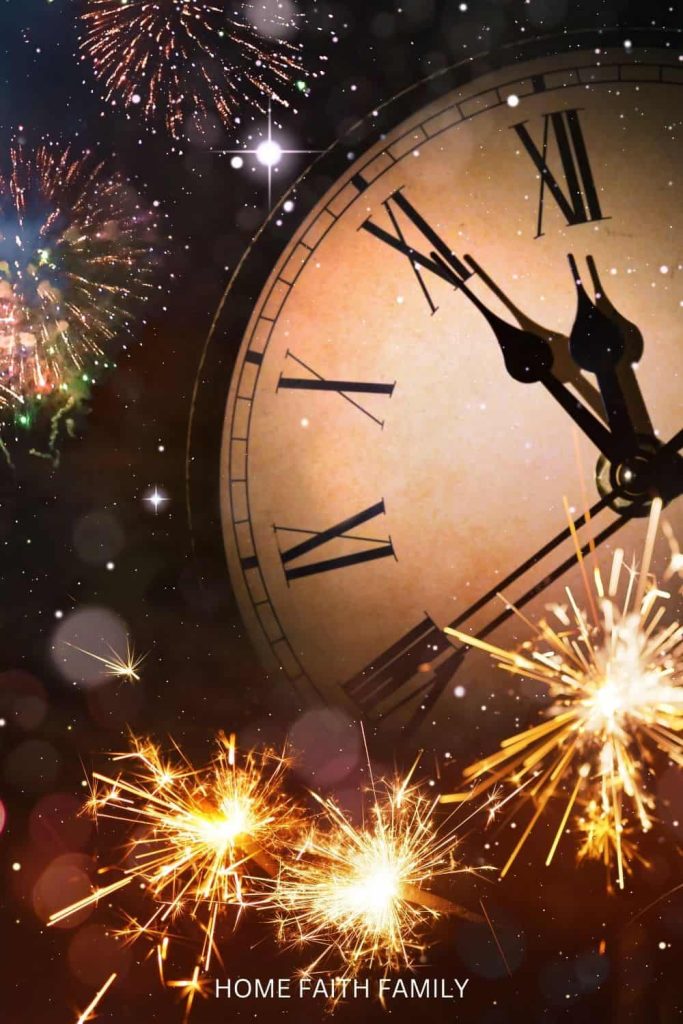 A clock five minutes until midnight with fireworks and other celebratory measures on New Years Eve/Day.