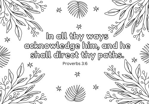 An illustrated bible coloring page for adults featuring the biblical verse 'in all thy ways acknowledge him, and he shall direct thy paths' from Proverbs 3:6, surrounded by decorative leaves and stars