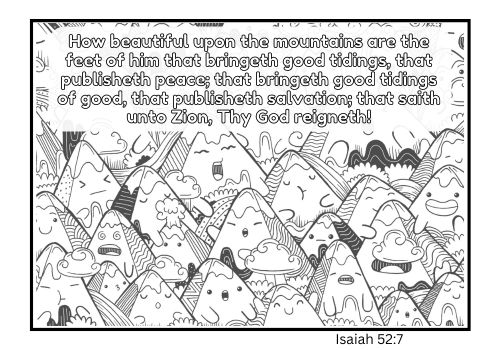 An illustration of a plethora of whimsical mountain characters with various expressions beneath a passage from Isaiah 52:7, creating a playful intersection of biblical text and imaginative art for Bible coloring pages for adults.