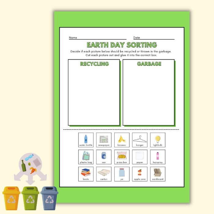 Earth Day sorting garbage and recyclable printables.