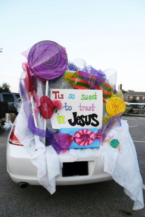 Sweet to trust Jesus trunk or treat candy decoration ideas