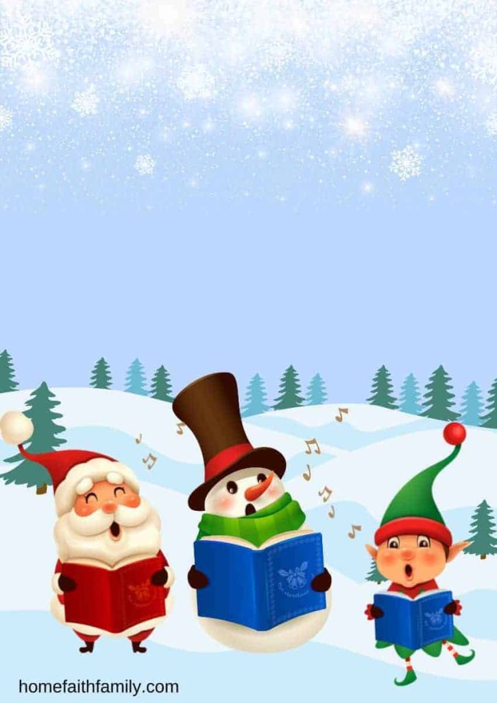 Elf, santa, and snowman singing Christmas carols out in the snow.