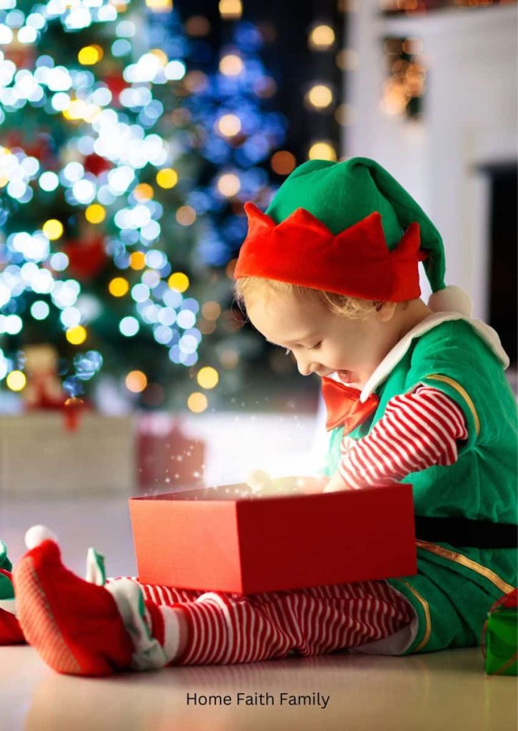 A child dressed as a christmas elf opening up a present.