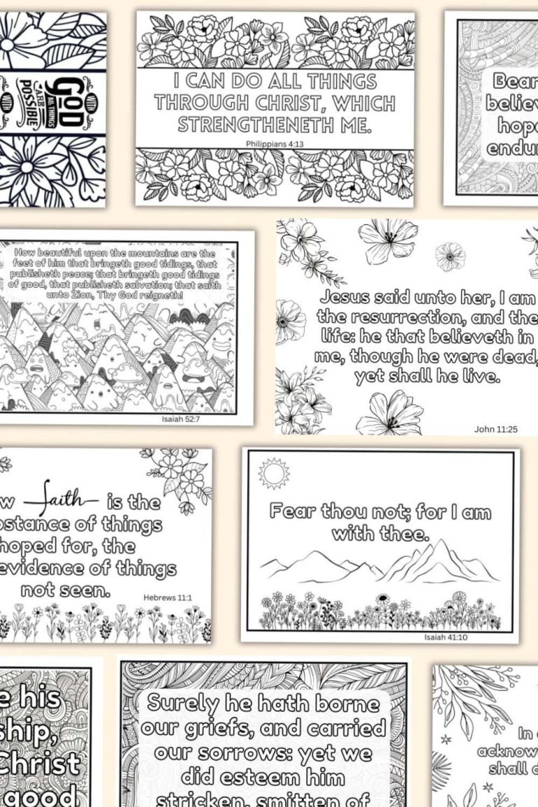 A collection of illustrated bible coloring pages for adults featuring floral designs and various inspirational and religious quotes from the Bible.