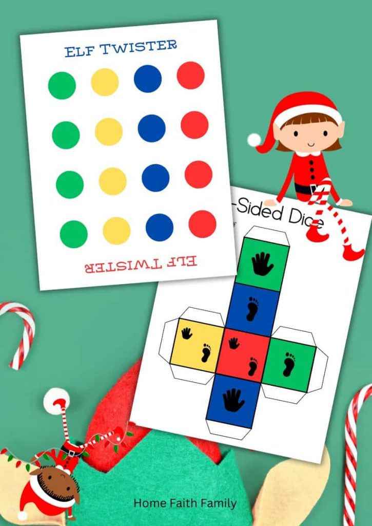Elf on the Shelf Twister printable with clipart elves sitting on the printable pages.