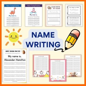 A collection of customizable preschool name writing practice sheets for children, featuring a variety of designs and prompts to support handwriting skills development.