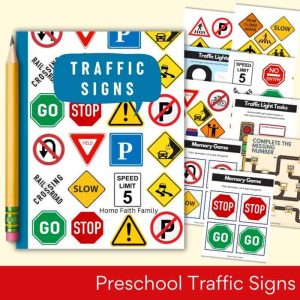 Colorful collection of illustrated traffic signs for educational purposes, displaying a variety of road safety symbols designed for preschool learning.
