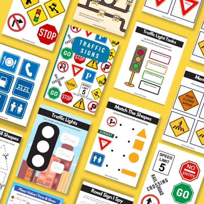 An assortment of colorful educational cards and worksheets featuring various road signs and traffic signals for teaching children about road safety and traffic rules.
