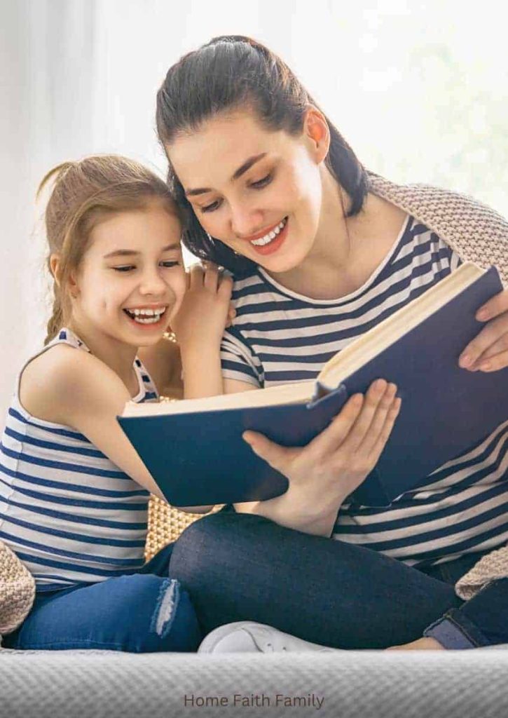 A mom reading an Easter / Good Friday book with her daughter.