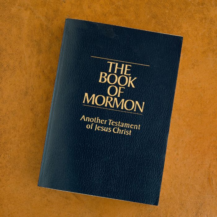 A copy of the Book of Mormon on a counter top.