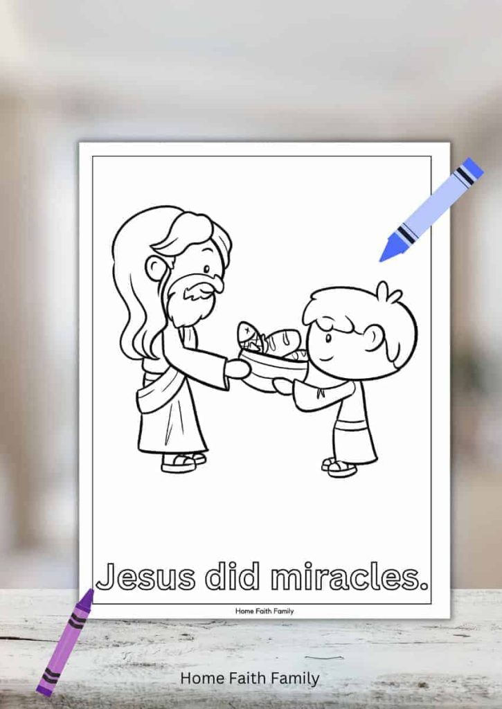 Jesus feeds the 5 thousand coloring page.