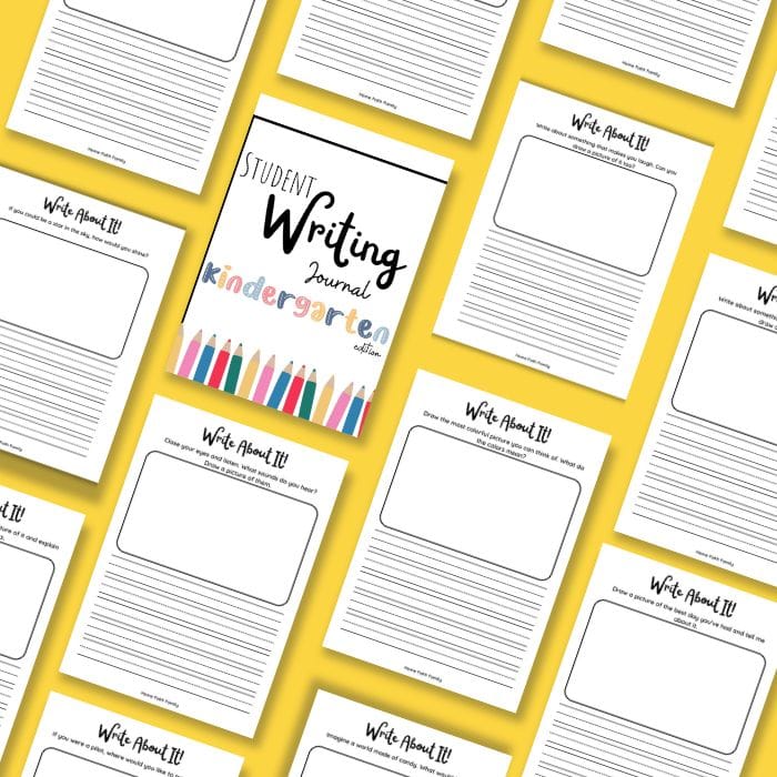 Pattern of yellow and white kindergarten student writing journals, with one featuring a colorful pencil design on the cover, surrounded by pages titled "write about it".