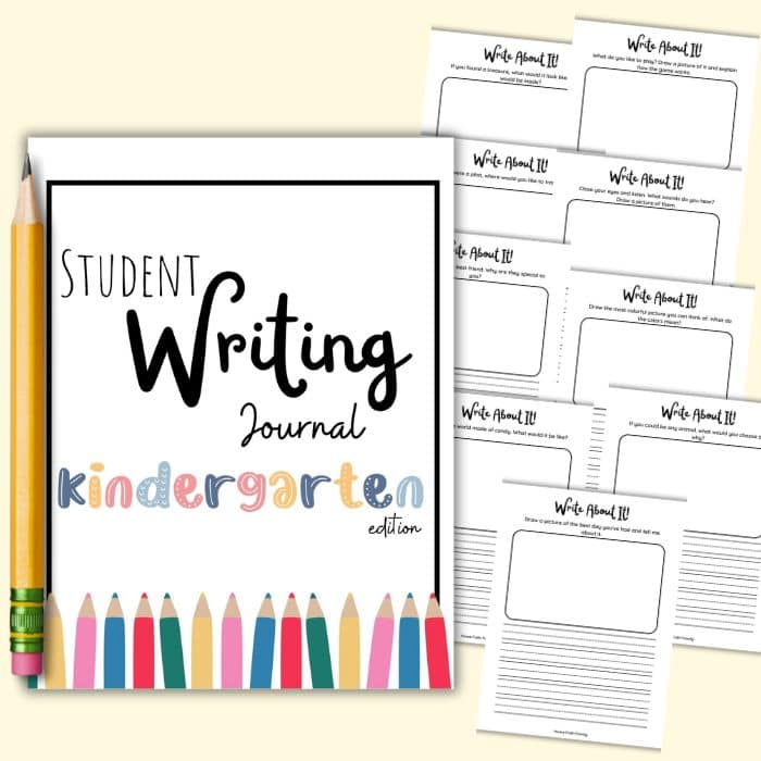 Promotional image for a "kindergarten student writing journal," featuring the cover with decorative text alongside multiple lined journal pages and colorful pencils.