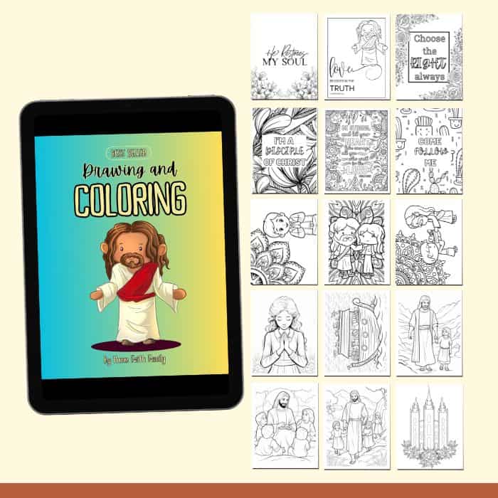 An image showing a digital tablet displaying a cover of a children's drawing and coloring book featuring a cartoon of a man with long hair and a beard. beside the tablet are sample coloring pages with various scenes and characters.