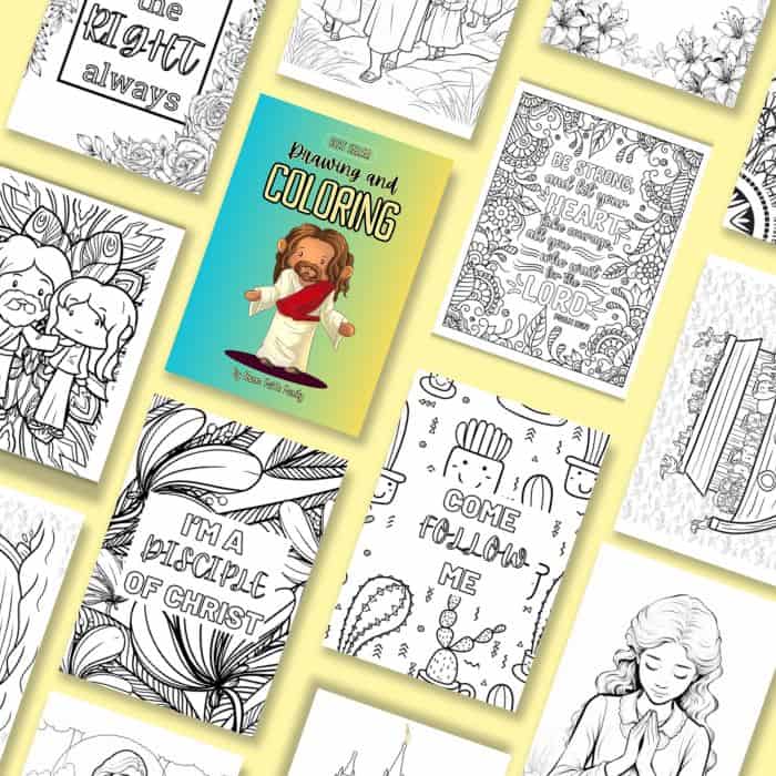 A collage featuring various religious-themed coloring book pages, including a prominent central image titled "praying and coloring" with a cartoon of a child praying.