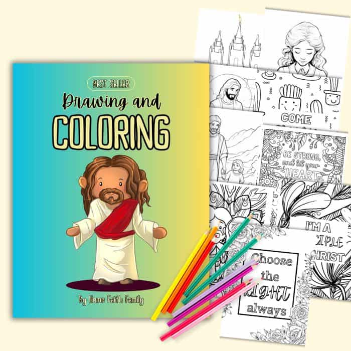 A coloring book titled "drawing and coloring" featuring a cartoon image of jesus with illustrations and colored pencils beside it.