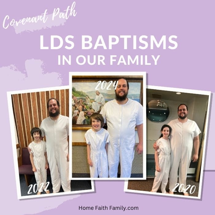 A collage shows a man and child in white baptismal clothing in 2022, 2024, and 2020, with “Covenant Path LDS Baptisms in Our Family” on a purple background—perfect for pairing with a printable LDS baptism program template free online.