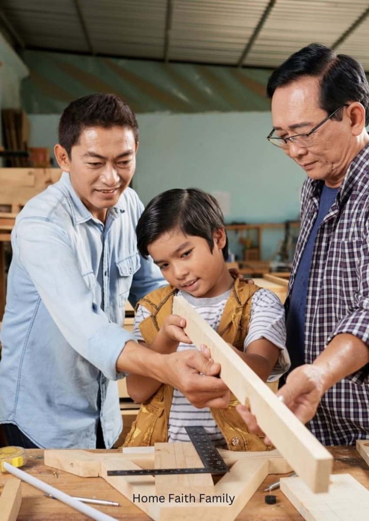 A grandfather, son, and grandson working in the woodshop together to build something.