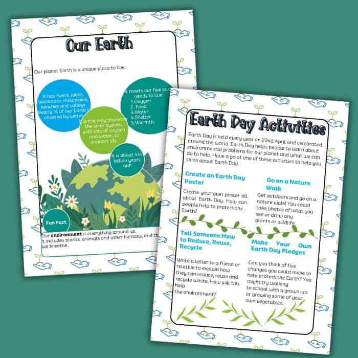 Earth Day learning printable pages.