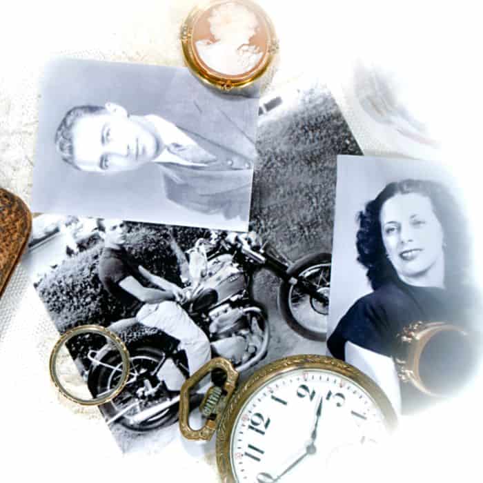 A collection of nostalgic black and white photos and antique pocket watches scattered on a light surface, evoking memories of the past.