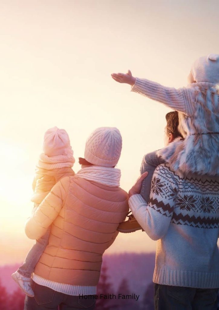 A family bundled in winter gear standing outside watching the sunrise.