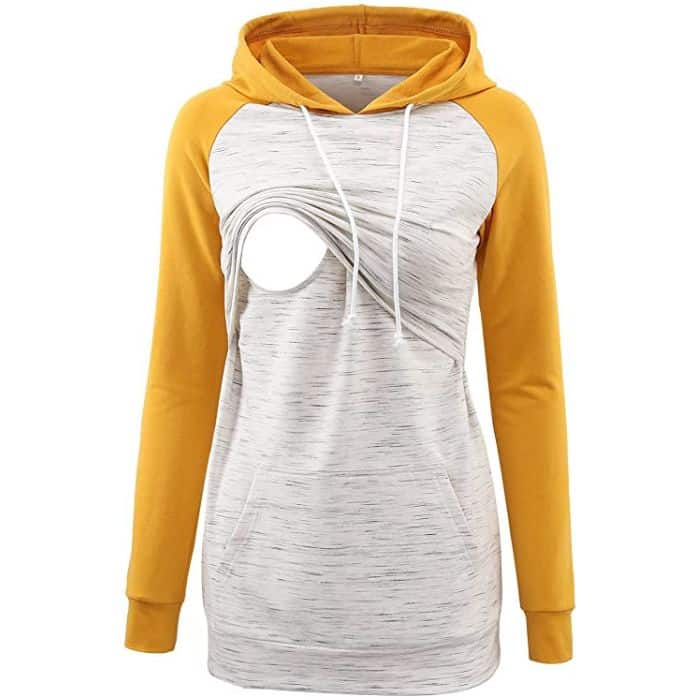 Mustard colored nursing hoodie for breastfeeding moms.