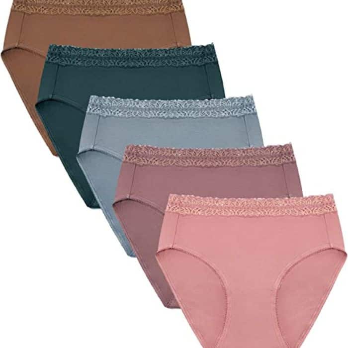 A stack of multi colored postpartum underwear to wear home from the hospital after giving birth.
