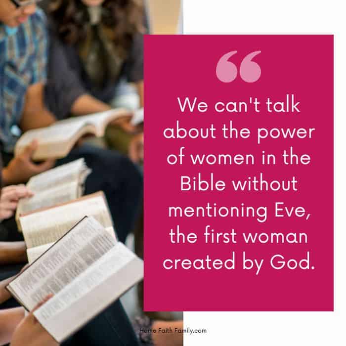 Inspirational quote against a magenta background discussing the importance of eve in the context of the bible, juxtaposed with an image of a group of people engaged in bible study.