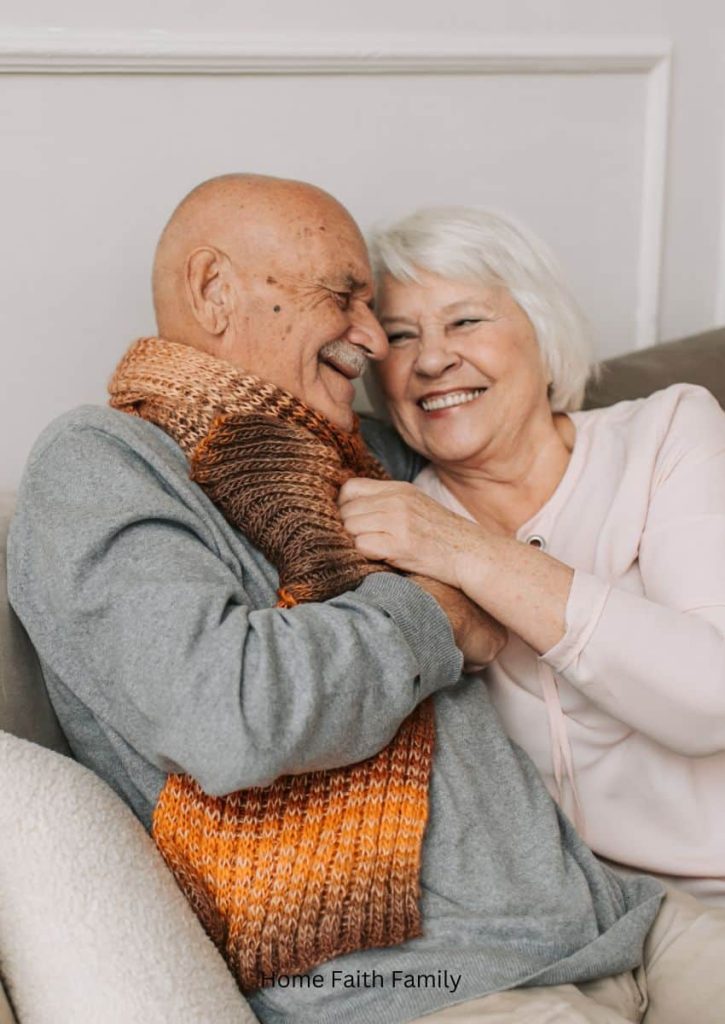 An older couple hugging and loving each other.