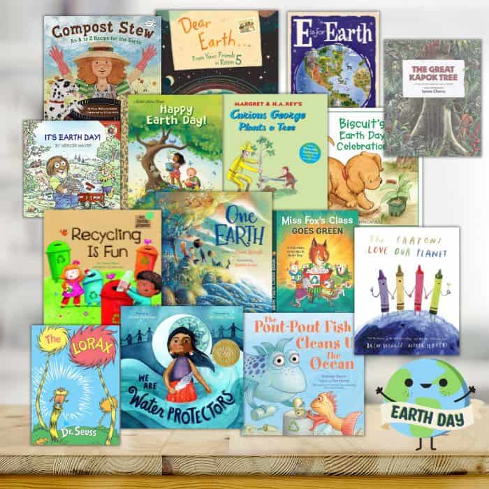 A colorful collage of preschool earth day books themed around earth day, highlighting the importance of environmental conservation and nature appreciation, featuring titles on recycling, earth protection, and love for our planet.
