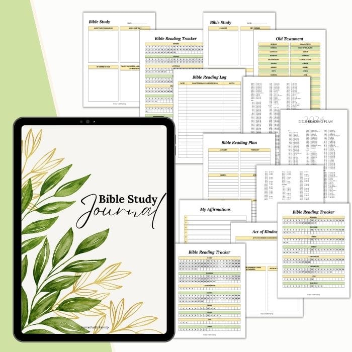 A collection of bible study tools including a tablet displaying a cover titled "bible study journal" with botanical designs, surrounded by printed charts and logs for tracking readings.
