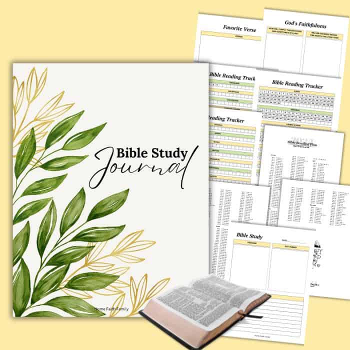 Cover of a bible study journal with green leaf design next to a bible and various study tracking sheets. bright and organized layout.